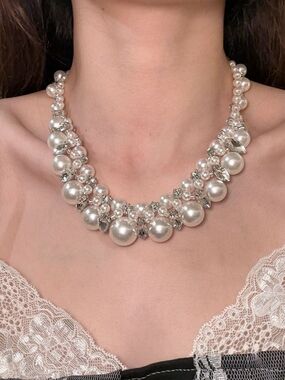 Pearl & Crystal Cluster Statement Necklace | Rhinestone | Bridal | Coquette